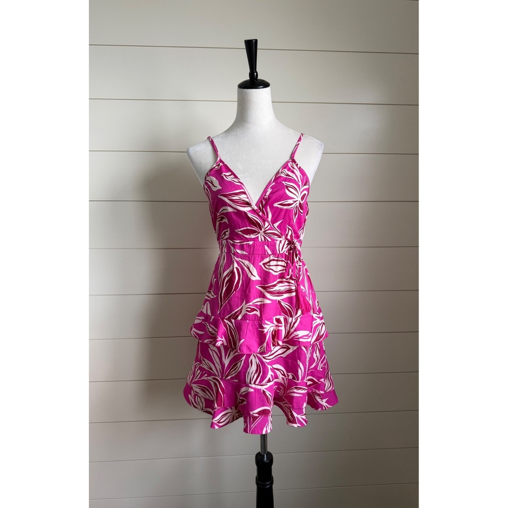 Band of the Free Pink Tropical Leaf Print Tiered‎ Ruffle Mini Wrap Dress Tassels